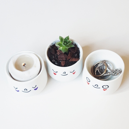 Egg cups with faces, mini succulent planters and ring holders