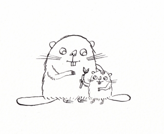 Ink line drawing of beaver with kit and stick