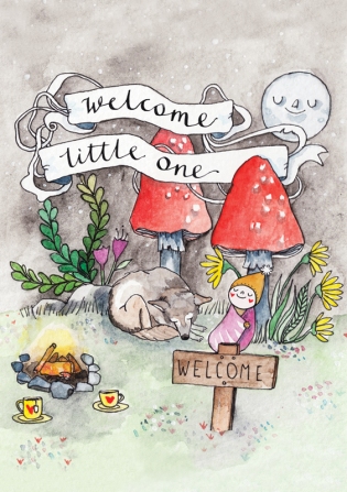 Watercolour new baby card with ribbon banner text: "welcome little one". Wonderland-themed illustration with woodland scene. Card for baby girl or baby boy.